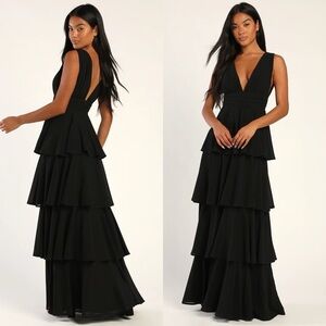 NWOT Lulu’s Amazing Evening Black Tiered Crepe Maxi Dress Small Party Glam Chic